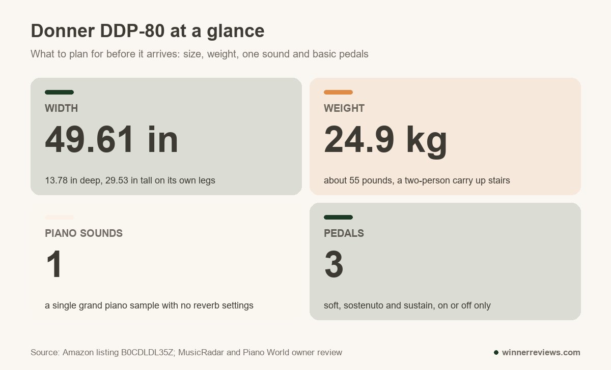 Donner DDP-80 at a glance: 49.61 inches wide, 24.9 kg, one piano sound and three on-off pedals