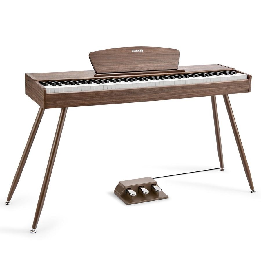 Donner DDP-80 digital piano in walnut finish on its own stand with a triple pedal