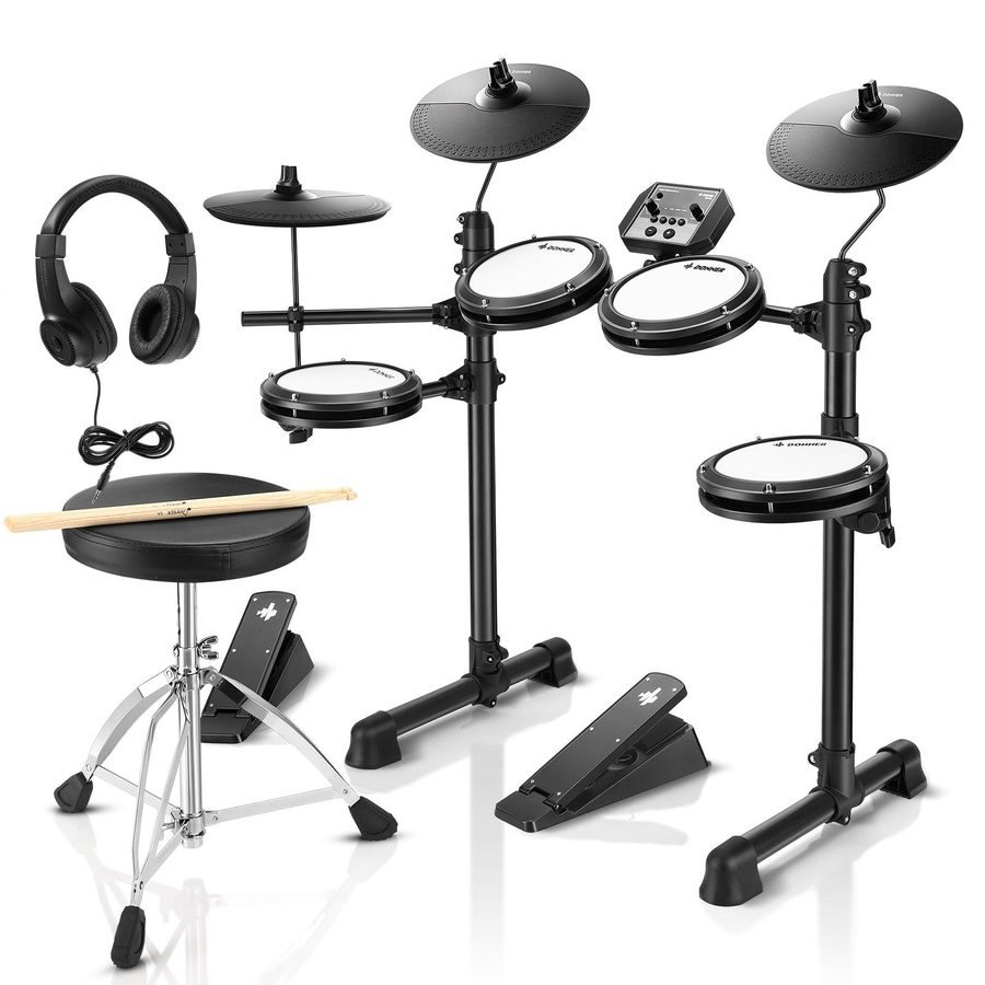 Donner DED-80 electronic drum set with four mesh pads, three cymbals, throne and headphones