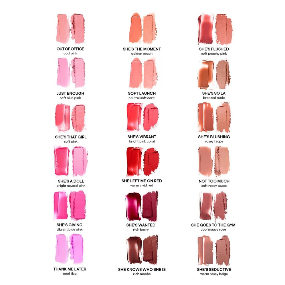 Patrick Ta blush shades swatch chart showing crème and powder side by side for 18 duos