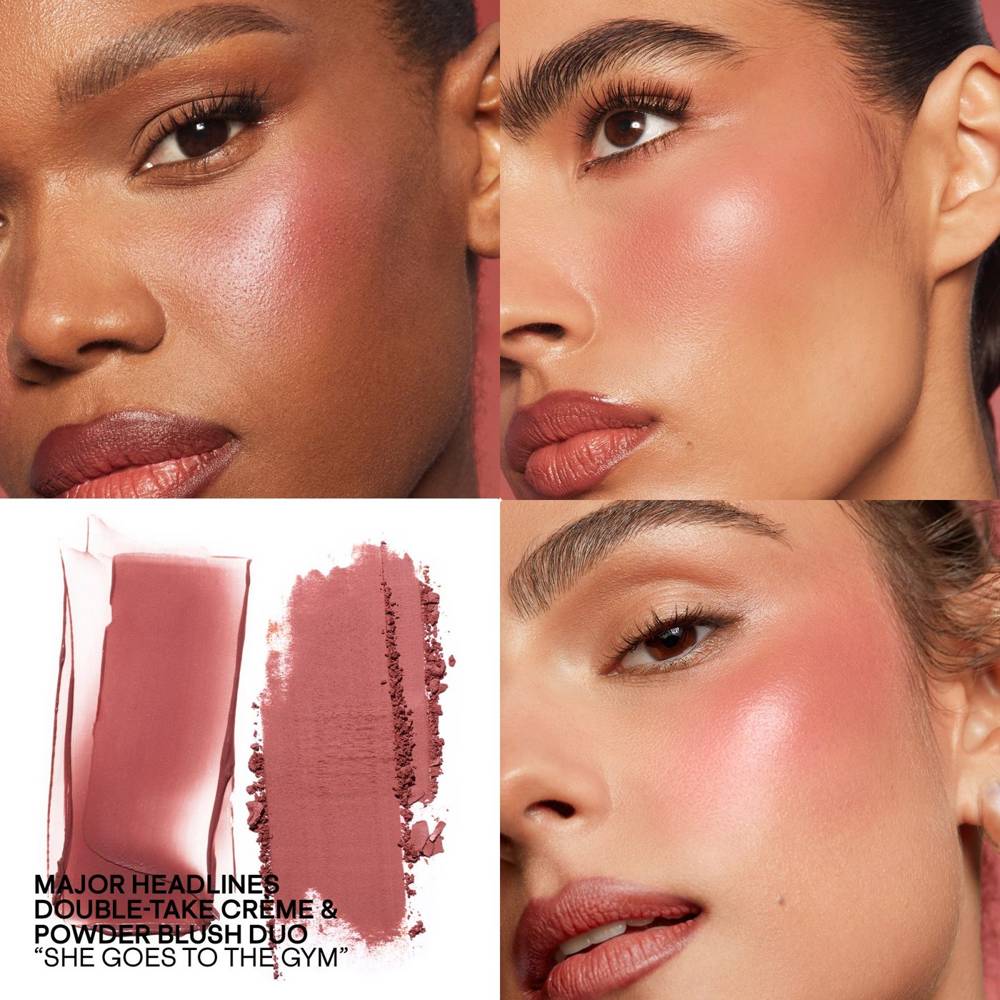 She Goes to the Gym cool mauve rose blush on three Patrick Ta models with light-medium to deep skin